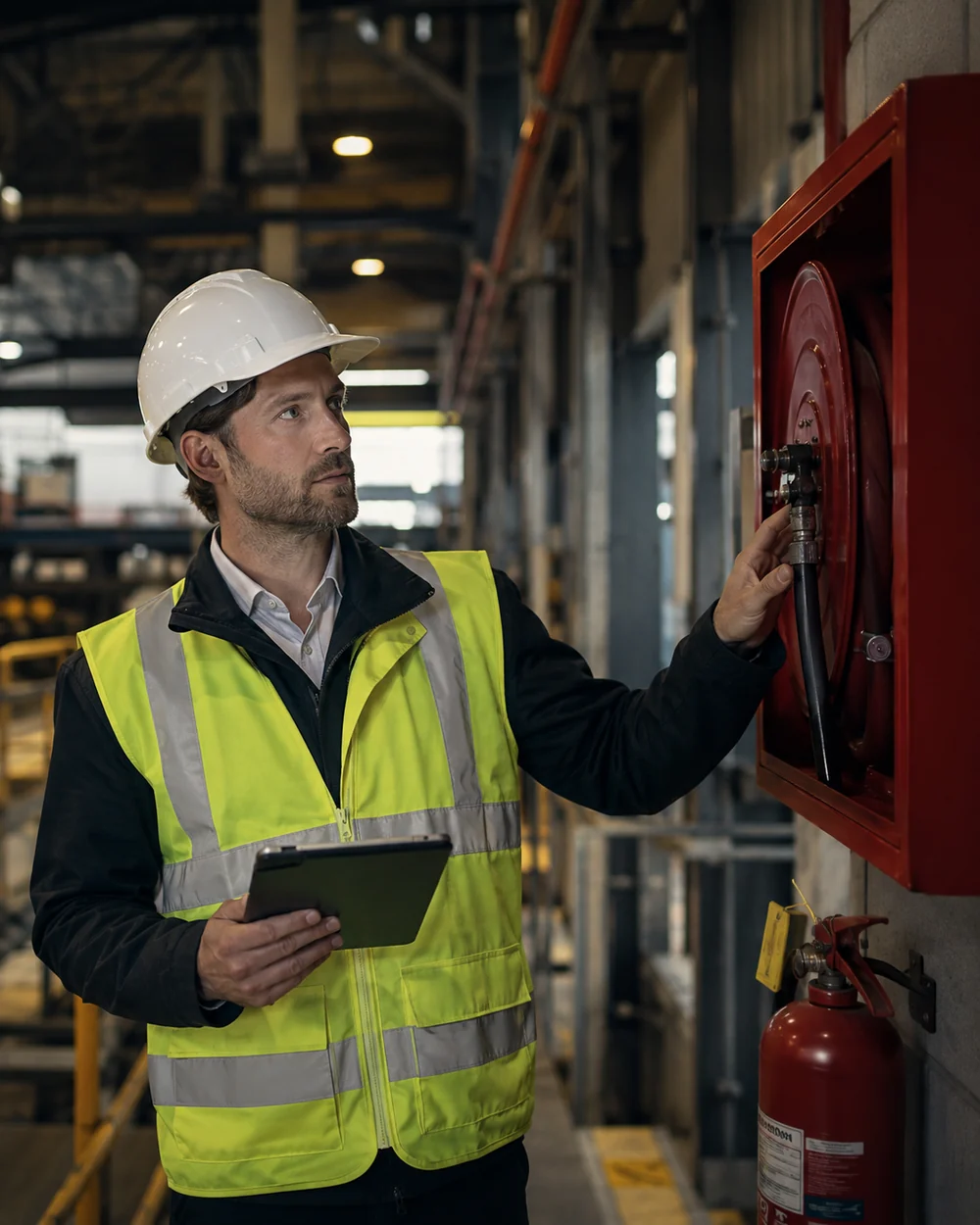 Prototype image of a fire safety consultant carrying out an equipment inspection in an industrial building